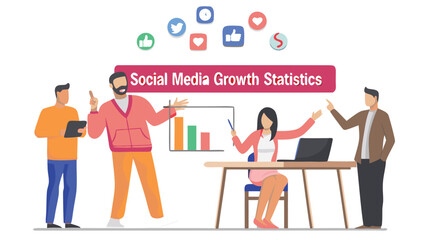 Illustration of social media growth statistics presentation with diverse team and social media icons above