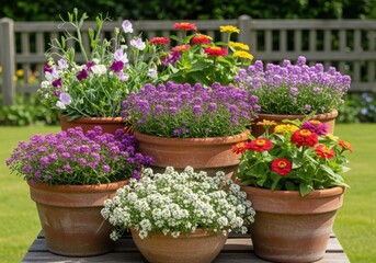 Colorful potted flowers create a vibrant garden arrangement in the summertime