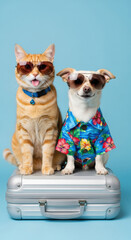 Cat dog sunglasses suitcase blue background vacation travel summer tropical shirt happy expression pet friendship humor playful animal companion holiday