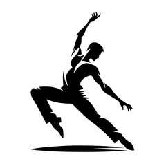 Black and white vector silhouette of a dancing artist on white background