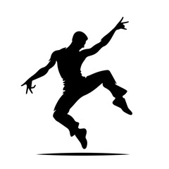 Black and white vector silhouette of a dancing artist on white background