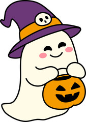 Cute Cartoon Smiling Ghost Holding Pumpkin Bucket (Color Outline Illustration)