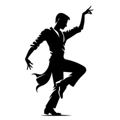 Black and white vector silhouette of a dancing artist on white background