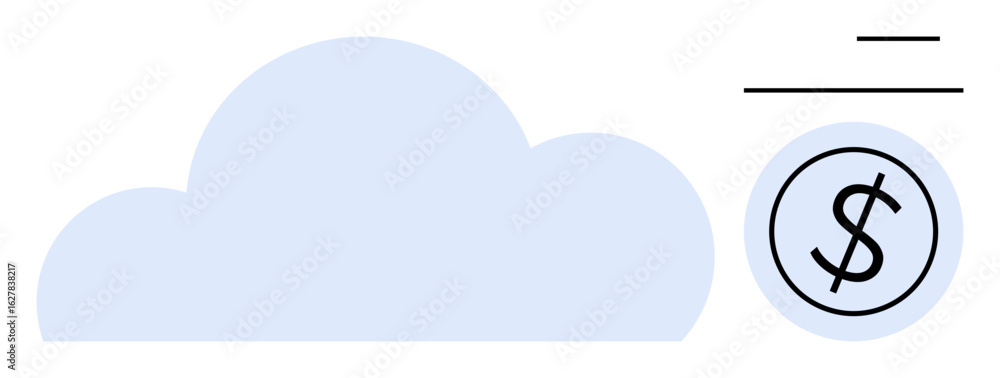 Poster blue cloud with a dollar sign circle and abstract lines conveys cloud computing, cost optimization, 