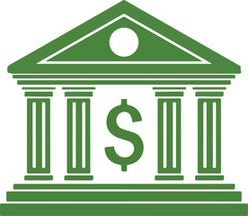 A green graphic icon of a classical bank building with four columns and a prominent dollar sign in the center.