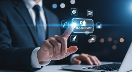 Businessman productivity technology digital innovation efficiency office success growth futuristic—Businessman using digital interface to increase productivity and efficiency modern office