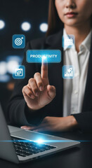 Businesswoman, productivity, technology, digital interface, and innovation concept with confident woman in suit using virtual screen to increase efficiency and achieve business goals