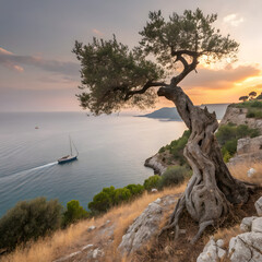 Fototapeta premium A stunning vista of a rugged Mediterranean coastline at sunset.