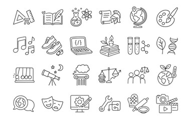 Education subjects doodle icon set. Cute hand drawn sketch illustrations of math, science, literature, art, music and coding. Black and white cartoon art for learning themes.