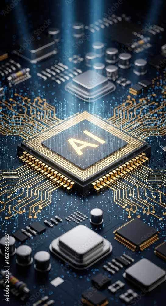Poster ai microchip circuit board technology processor futuristic digital innovation electronic data blue l