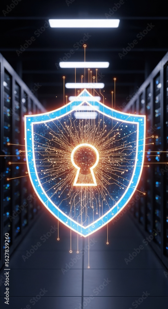 Poster digital security shield with glowing keyhole, data protection, and cyber defense in modern server ro