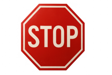 Red octagonal stop sign on a transparent background reminding drivers to stop and ensure safety