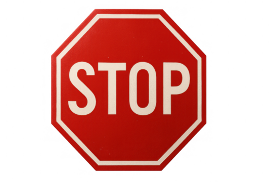 Red octagonal stop sign on a transparent background reminding drivers to stop and ensure safety