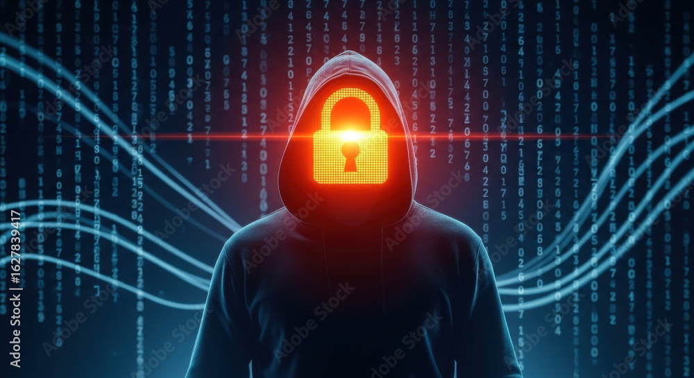Poster hacker in dark hoodie with glowing padlock face stands against digital binary code background, symbo
