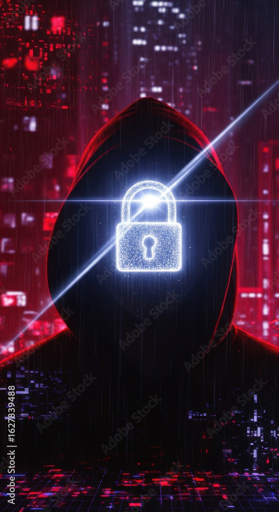 Aufkleber hacker cyber security digital lock hooded figure neon light futuristic city data protection encrypti