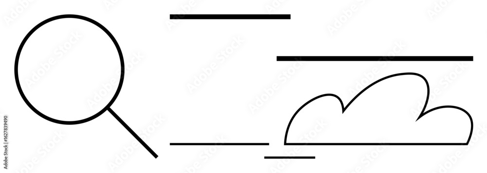 Poster magnifying glass beside cloud and parallel lines representing search, analysis, and data flow visual