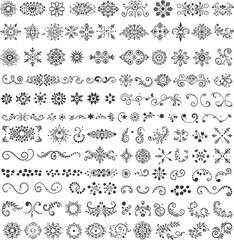 Set of Ornamental Design Vector Illustrations in Black Outline Featuring Decorative Swirls, Floral Motifs and Elegant Accents