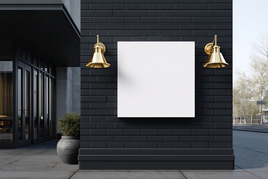 Blank square sign on dark brick wall. Exterior storefront