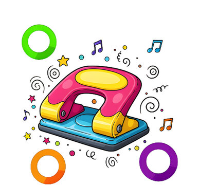 A fun and colorful cartoon illustration of a hole puncher surrounded by musical notes, stars, and swirls, symbolizing rhythm and creativity. PNG with transparent background