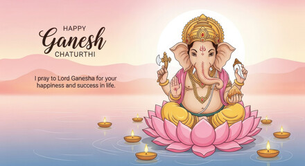 Happy Ganesh Chaturthi illustration with Lord Ganesha sitting on pink lotus, surrounded by floating oil lamps, serene water, and soft pastel sky background, symbolizing peace and blessings
