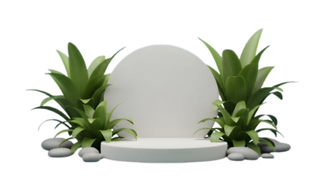 Minimalist white podium surrounded by lush greenery and smooth stones