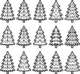 A diverse set of hand drawn Christmas tree illustrations. Black and white doodle collection of evergreen fir and pine trees for winter holiday design.