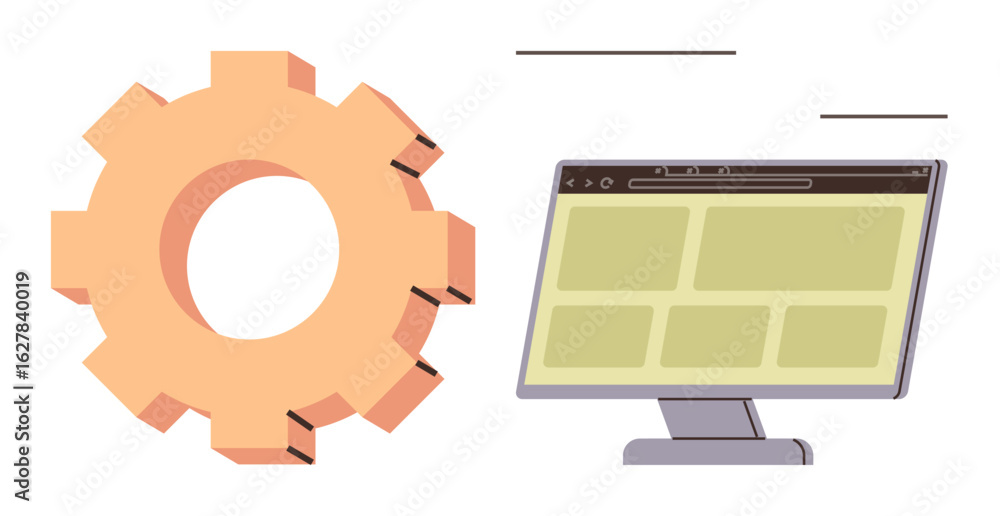 Poster large gear beside computer monitor with grid layout on the screen, symbolizing technology, automatio