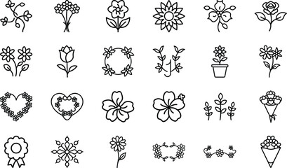 Bundle of 24 Hand-Drawn Flower Icons – Minimalist Floral Vector Set for Design, Tattoo, Logo, and Decorative Use