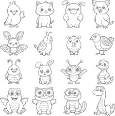 Set of 16 Cute Cartoon Animal Vector Illustrations in Black Outline Style Featuring Whimsical Wildlife Characters for Kids Designs