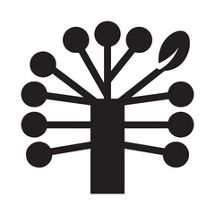 A black and white illustration of a stylized tree icon, perfectly centered against a clean white background. 