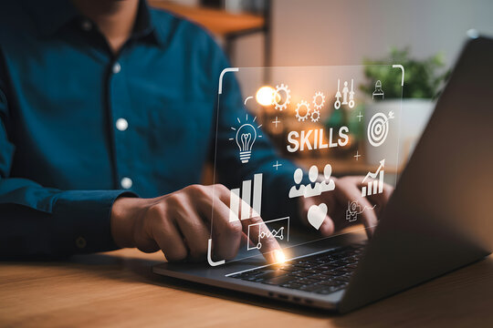 Person using laptop with skill development icons, representing learning, training, and career advancement