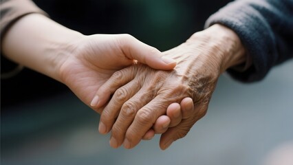 A younger hand gently holding an elderly hand, symbolizing care and connection.