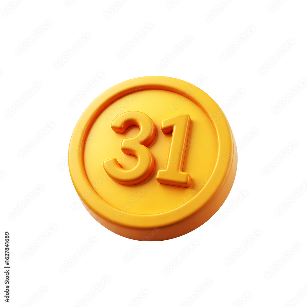 Poster a single gold coin with the number thirty one embossed on it against space on transparent background