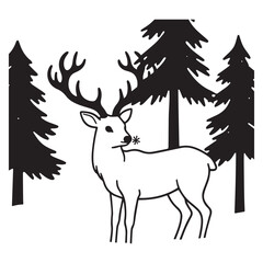 A black and white line art illustration of a majestic deer standing alert in a snow-covered forest. 