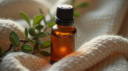Oil Bottle on Knit Fabric with Eucalyptus