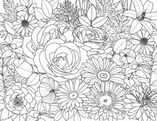 Abstract floral background. Coloring page for adults and children. Branches with leaves and flowers on a white background.