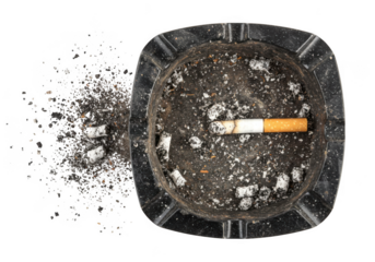 Dirty ashtray filled with cigarette butts and ash, isolated on transparent background