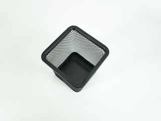 Black metal desk organizer on white background perfect for modern office supplies and business needs