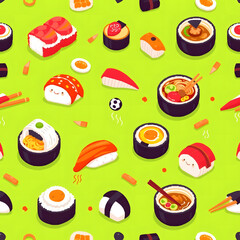 art style pattern of cute low-res sushi, ramen bowls, and onigiri