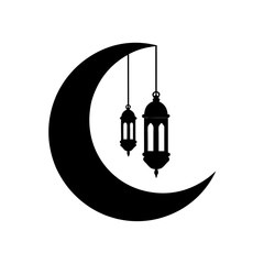 Fototapeta premium Silhouette of a Crescent Moon with Hanging Lantern – Minimal Vector Isolated on White Background: