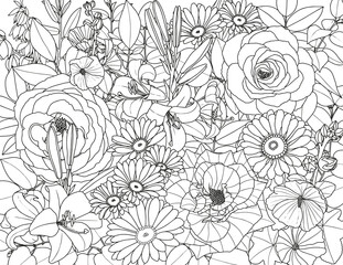 Abstract floral background. Coloring page for adults and children. Branches with leaves and flowers on a white background.