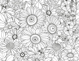 Abstract floral background. Coloring page for adults and children. Branches with leaves and flowers on a white background.