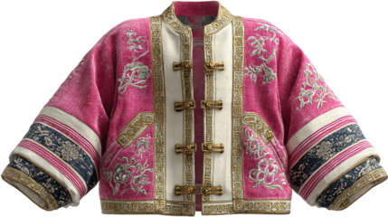 Vibrant Embroidered Jacket: An exquisitely detailed, hot pink jacket with intricate floral embroidery and a touch of vintage charm, showcased with an artistic, clean aesthetic.