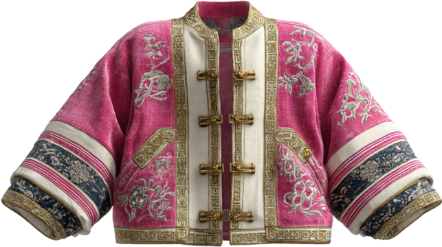 Vibrant Embroidered Jacket: An exquisitely detailed, hot pink jacket with intricate floral embroidery and a touch of vintage charm, showcased with an artistic, clean aesthetic.