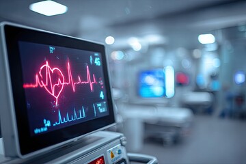 Close-up of a medical monitor displaying a heart rate tracing. Blurred background shows medical equipment and a sterile environment