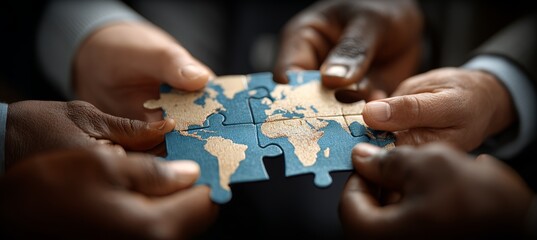 Putting together pieces of puzzle pieces. Business strategy teamwork partner relation process. Generative AI technology.	
