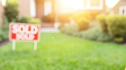 Red 'SOLD' sign on a lawn in front of a blurred house with bright sun flare, symbolizing successful real estate transaction