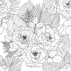 Abstract floral background. Coloring page for adults and children. Branches with leaves and flowers on a white background.