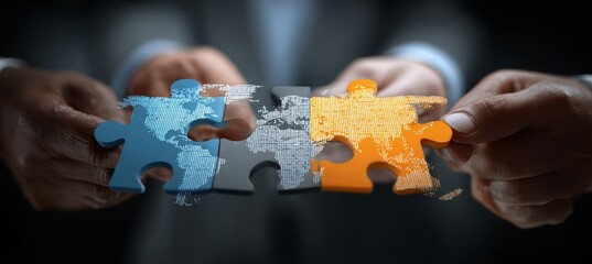 Business people putting together pieces of puzzle pieces. Strategy teamwork partner relation process. Generative AI technology.	
