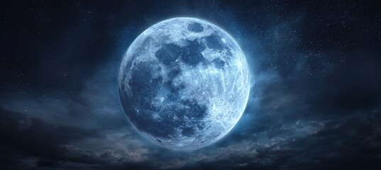 Misty full moon on dark night. Generative AI technology.